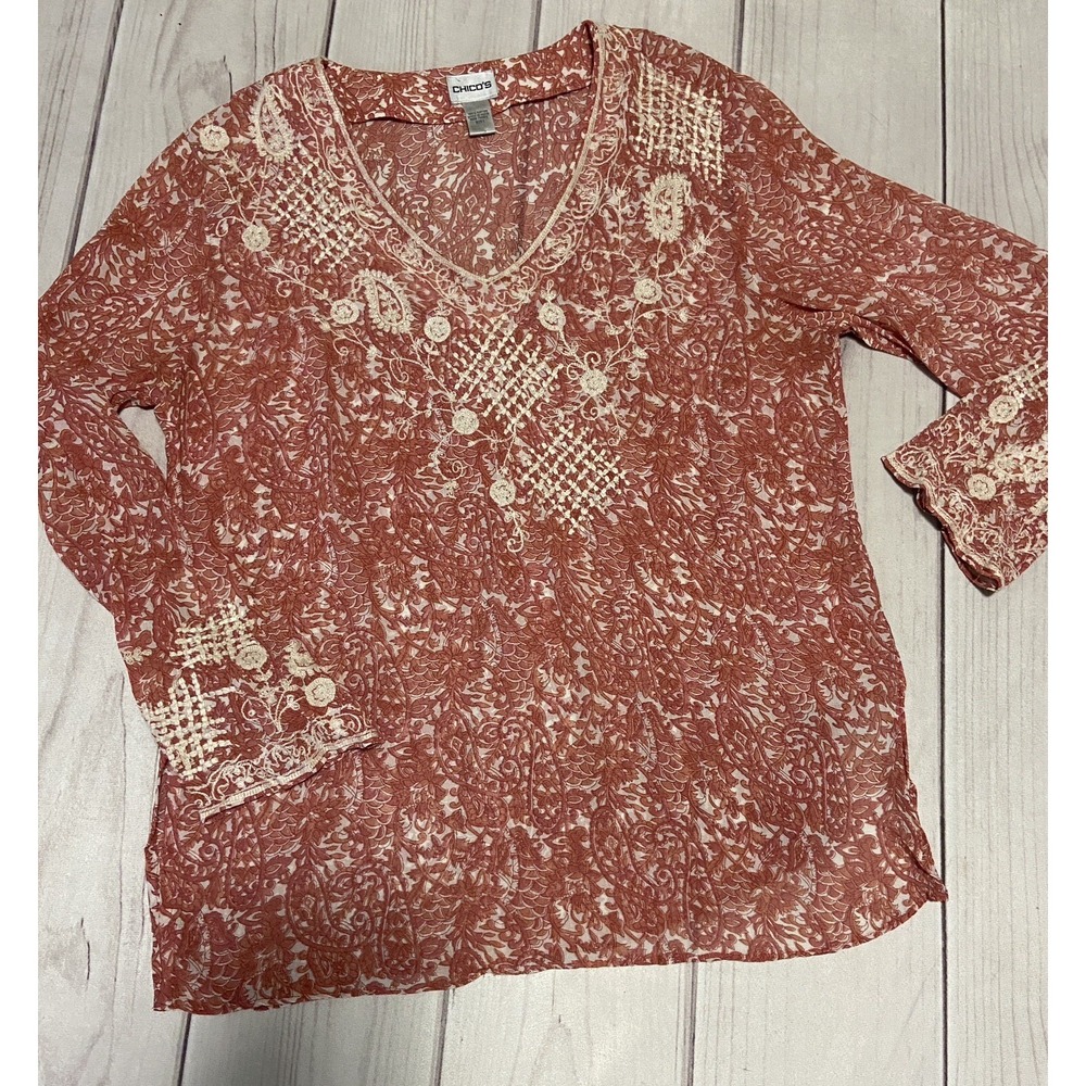 Chico's Embroidered Red Orange Floral Top Size M